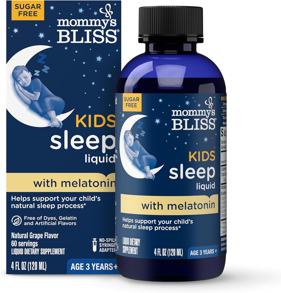 Mommy's Bliss Kids Dormez liquide avec de la mélatonine et des herbes calmantes.Le processus de sommeil naturel pour les enfants 3 ans et plus.