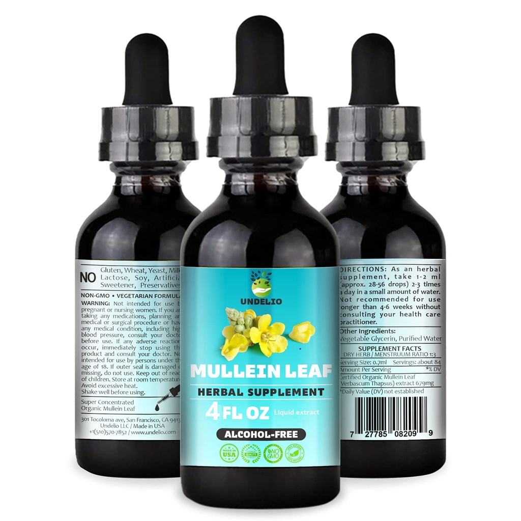 Extrait de feuille de Mullein à base de plantes d'Undelio - Teinture organique et sans alcool pour le soutien respiratoire, pulmonaire, somnifère et digestif - non-OGM, végétalien - 4 fl. Oz pour la santé immunitaire et la désintoxication pulmonaire