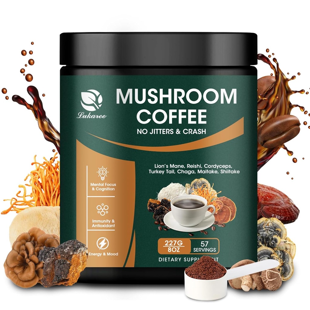Lukaree Champignon Café 14 en 1 Champignon instantané Café Arabica Café Champignon Poudre avec Lion's Mane, Reishi, Chaga, Cordyceps, Shiitake, Maitake, Turquie Tail for Focus Energy Immunity 8 oz (227g)