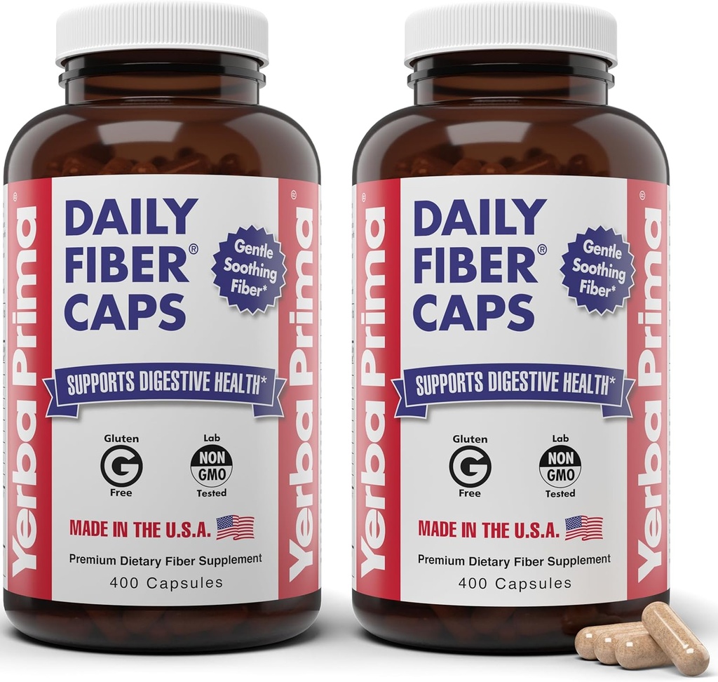 Yerba Prima Capsules de fibre quotidienne de formule 400 (paquet de 2) - Les deux fibre soluble/insoluble avec les défenses de graines de Psyllium, Acacia Gum, supplément de fibre de pomme