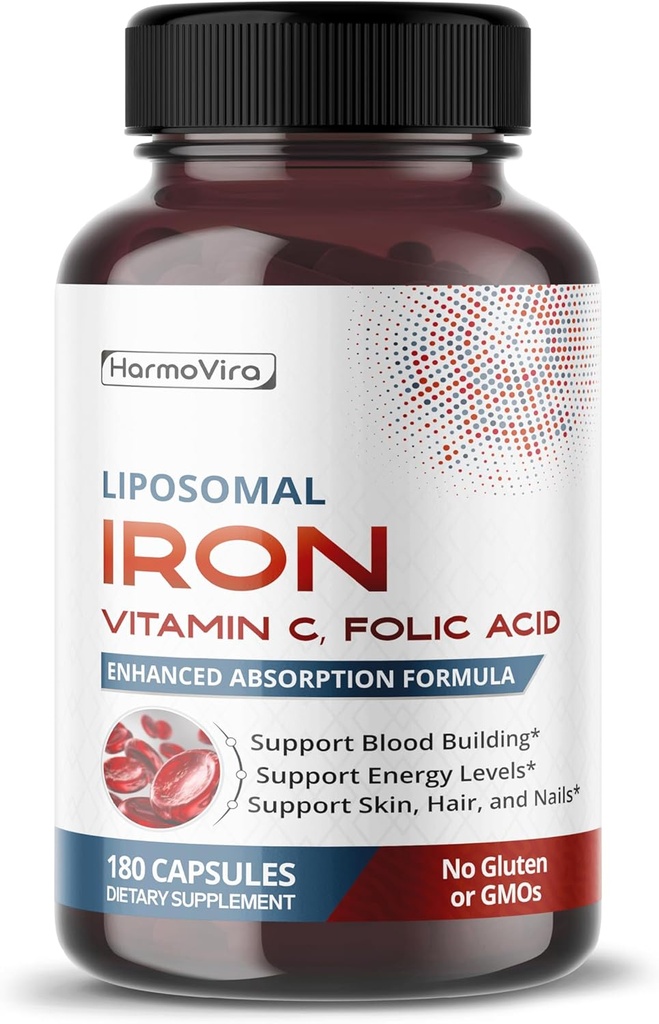 Liposomal Iron with Vitamin C, Folic Acid, B12, B6, B1 – Support Energy & Red Blood Cell Formation – Gentle Formula – 180 Capsules – Non-GMO, Gluten-Free – Made in USA*