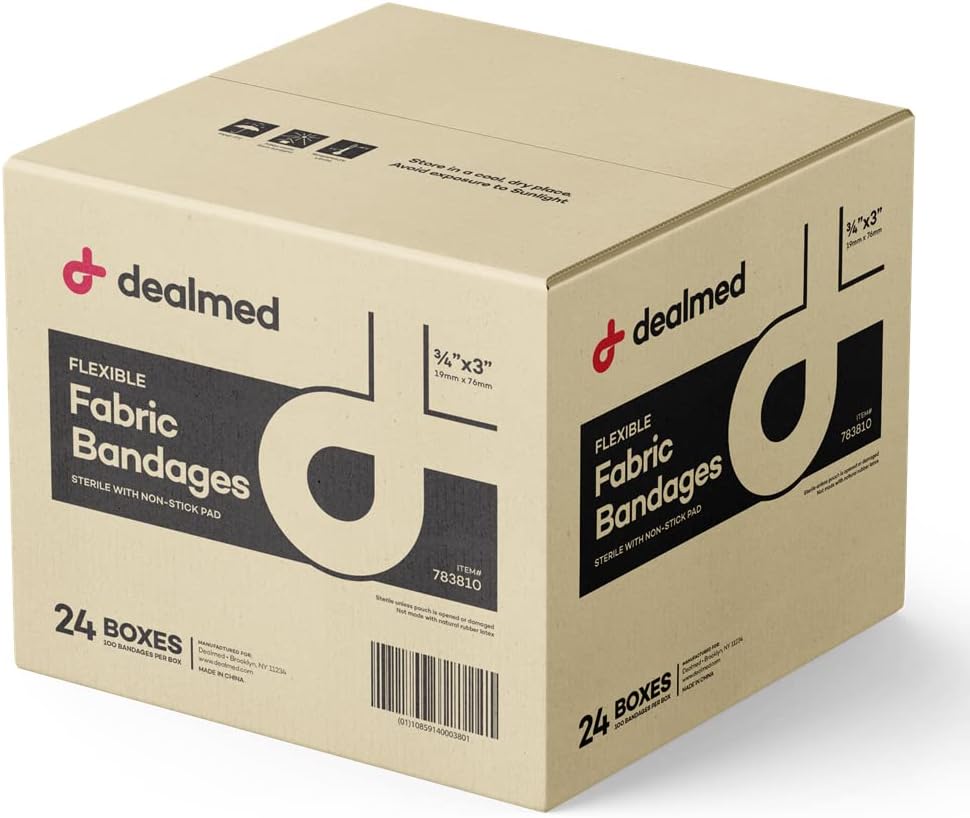 Dealmed Fabric Flexible Adhesive Bandages – 100 Count (24 Pack) Bandages with Non-Stick Pad, Latex Free, Wound Care for First Aid Kit, 3" x 3/4"