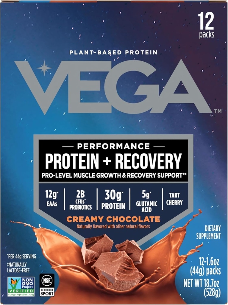 Vega Protein + Recovery - 30g Plant-Based Protein per Serving, Chocolate, 12 x 1.6oz Sachets, 5g BCAAs, Probiotics, NSF Certified, for Shakes & Smoothies, (Packaging May Vary)