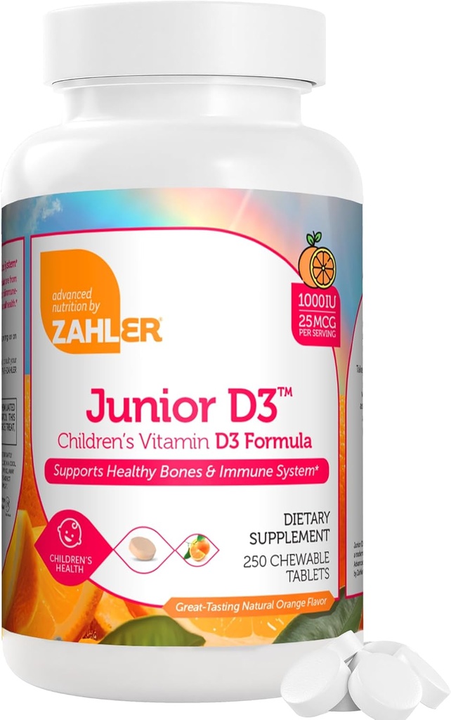 Zahler Junior D3 Vitamines 1000 UI - Vitamine D3 à croquer pour les enfants pour soutenir la santé des os, des dents et des immunes - Casher Kids Orange Flavor - 250 Comte.