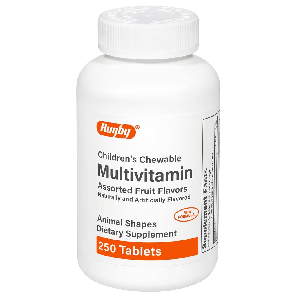 Rugby Children’s Chewable Multivitamin Tablets - Dietary Supplement - Assorted Fruit Flavors - Animal Shapes - 250 Count (1 Pack)