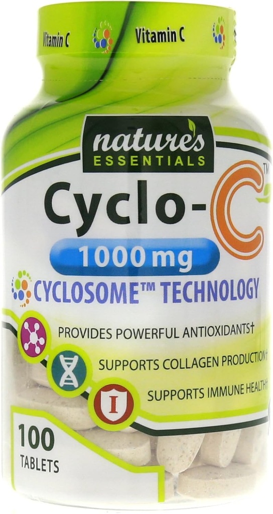 ESSENTIELS DE NATURE Vitamine C Cyclo-C 1000mg , Bioflavonoïdes + Cyclodextrine , Livraison Liposomique Cyclosome avancée , Sans OGM, Sans gluten, Végétarien , 200 comprimés