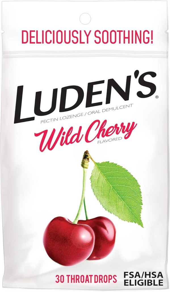 Losanges de soulagement de la gorge douloureuse de Luden pour l'irritation et la bouche sèche de tous les jours, gouttes de cerise sauvage, 30 comtes