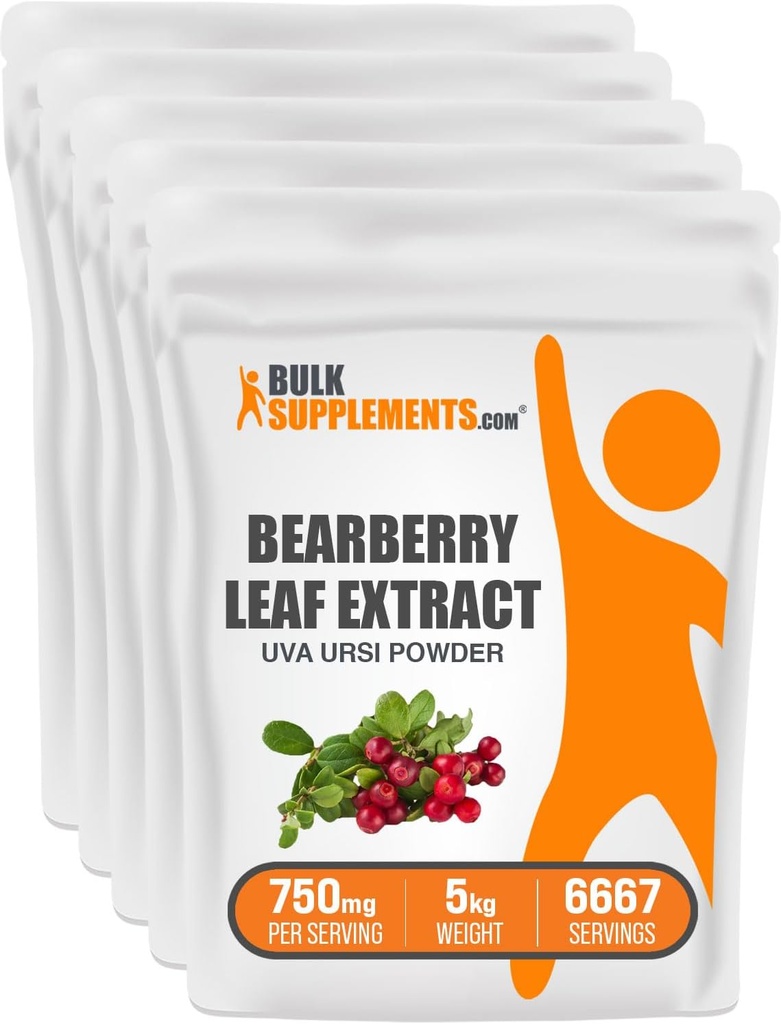 BulkSupplements.com Poudre d'extrait de feuille d'oursier - extrait d'Uva Ursi, supplément de mûrier, poudre de feuille d'oursier - végétalien et sans gluten, 750mg par portion, 5kg (11 lbs) (paquet de 5)
