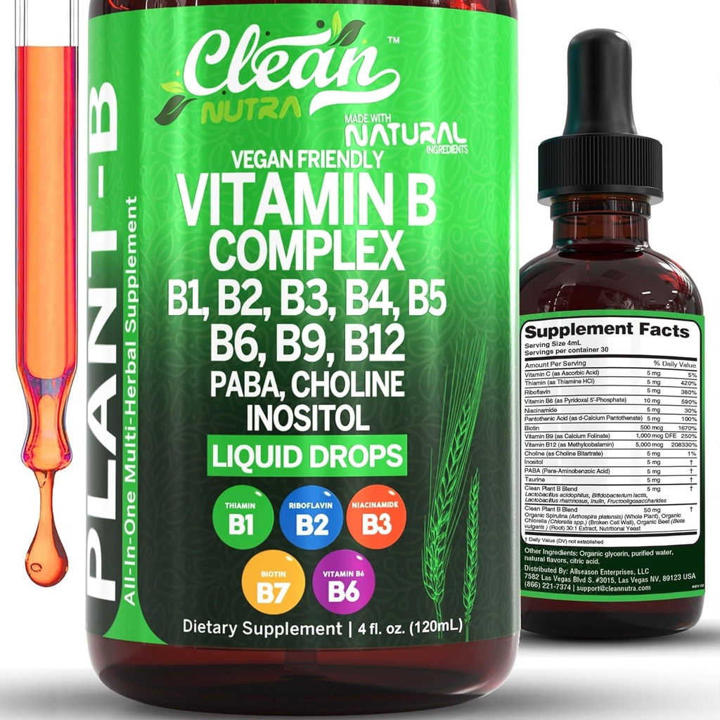 Vitamine B gouttes liquides complexes de Thiamine B1, B6, B2, B3, B4, B5, B7 B9, B12, Niacinamide, Paba, Inositol Choline Probiotiques de Taurine Spiruline racine de betterave - suppléments de vitamine végétale-B par Nutra propre