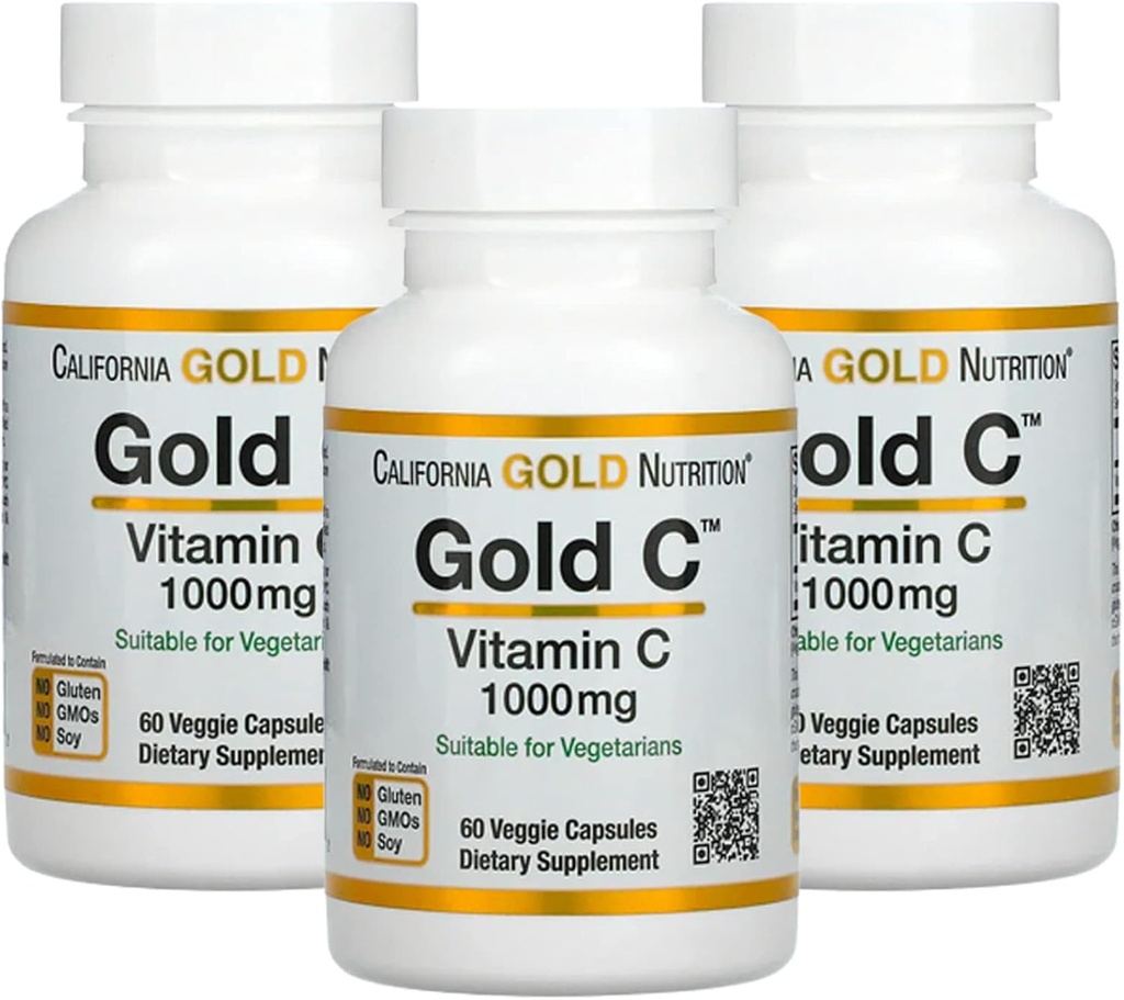Gold C by California Gold Nutrition - Supplément vitamine C de qualité USP - Soutien immunitaire et bien-être saisonnier - Végétarien - Sans gluten, sans OGM - 1000 mg - 60 Capsules de légumes, 3 Pack
