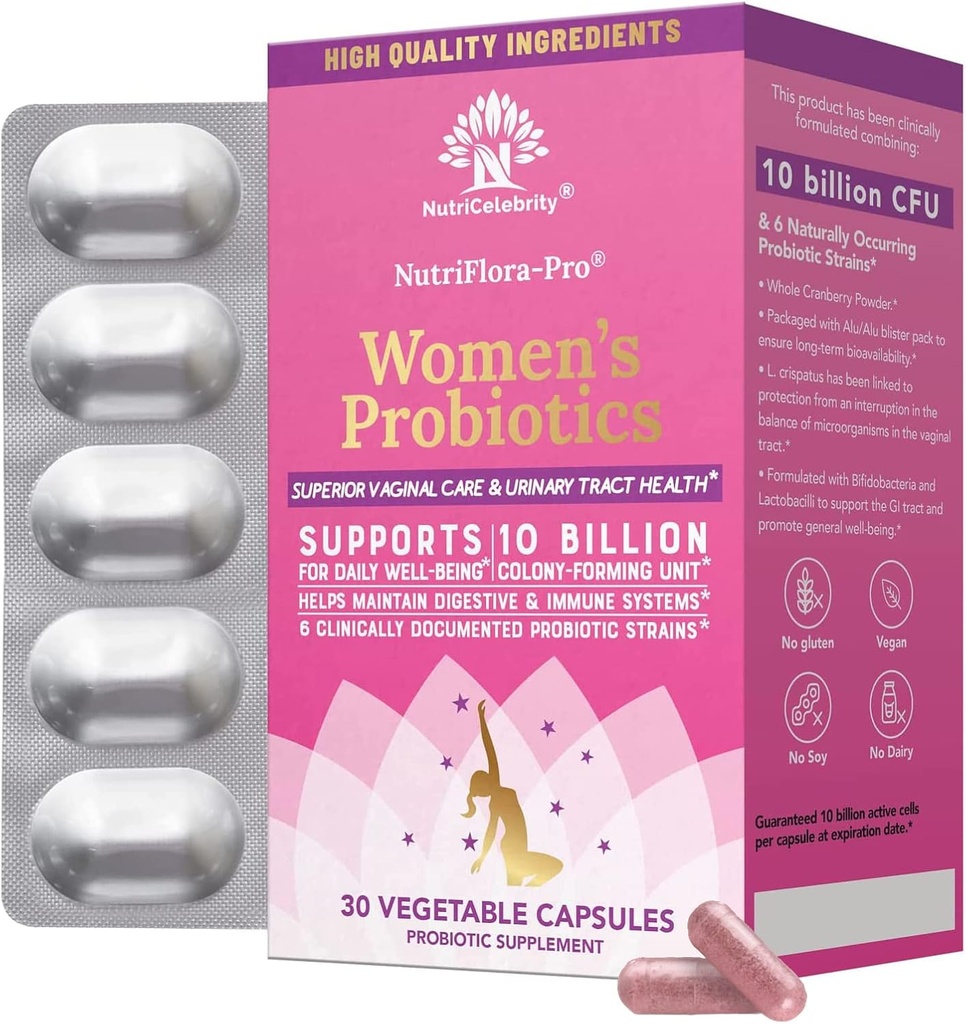 NutriCelebrity NutriFlora-Pro Probiotiques pour les femmes - Soutien de la santé vaginale et urinaire (UTI), système digestif, douleur de période, soulagement du levure et du VB, pilules de canneberge, 10 milliards CFU 6 souches (30 capsules)