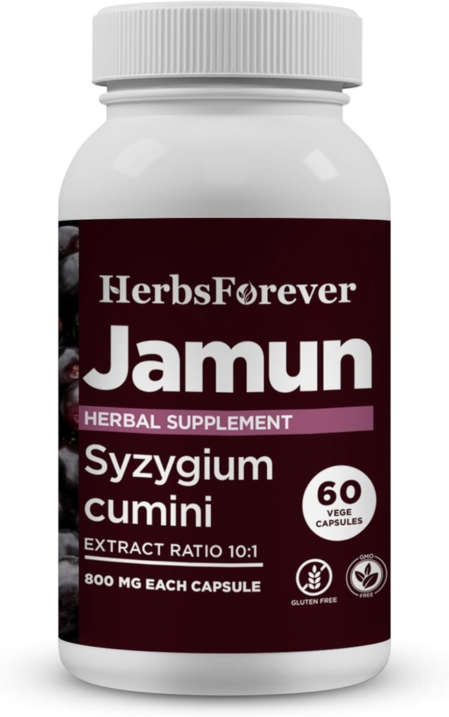 Herbsforever Jamun Capsules Eugenia Jambolana Rapport d'extraction des graines (10:1) Wellness Supplément 60 Vege Capsules