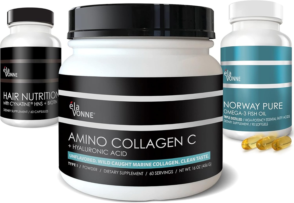 Collagène marin + Vitamines capillaires + Huile de poisson Oméga-3 - Beauté Nutrition Trifecta Bundle - Peau, ongles, articulations, vieillissement Nutraceuticals
