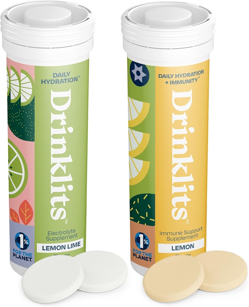 Drinklits Lemon Immunity & Lemon-Lime Hydration Tablets (2) Tube Combo Pack | Essential Electrolytes – Immune Support – Great Taste | 20 Servings (10 Tablets Per Tube)