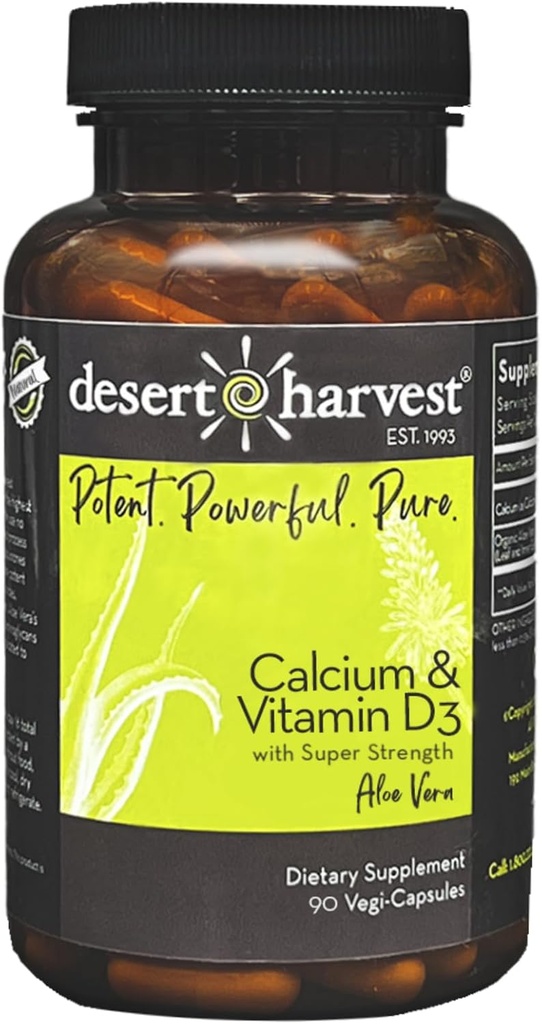 Desert Harvest Carbonate de calcium 250 mg + supplément de vitamine D3 100 UI avec Aloe Vera pour l'absorption, 90 Capsules