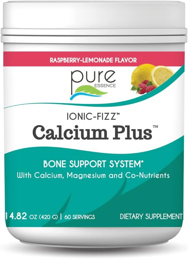 Ionic Fizz Calcium Plus by Pure Essence - Rapport Calcium/Magnésium parfait avec les os forts de vitamine A, B, C, D et Potassium - Lémonade aux framboises - 14,82 oz