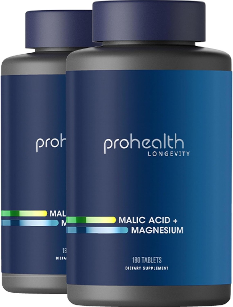 ProHealth Malic Acid + Magnesium 2-Pack (180 Tablets per Bottle) - Essential for Muscle Relaxation - Promotes ATP - Promotes Proper Muscle Function