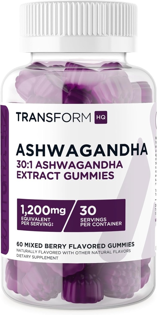 TransformHQ Ashwagandha Gummies 1 200mg, 60 Gummies (Mixed Berry Flavor) - Supplément d'extrait d'herbe Ashwagandha - 30 portions, sans gluten, non-OGM