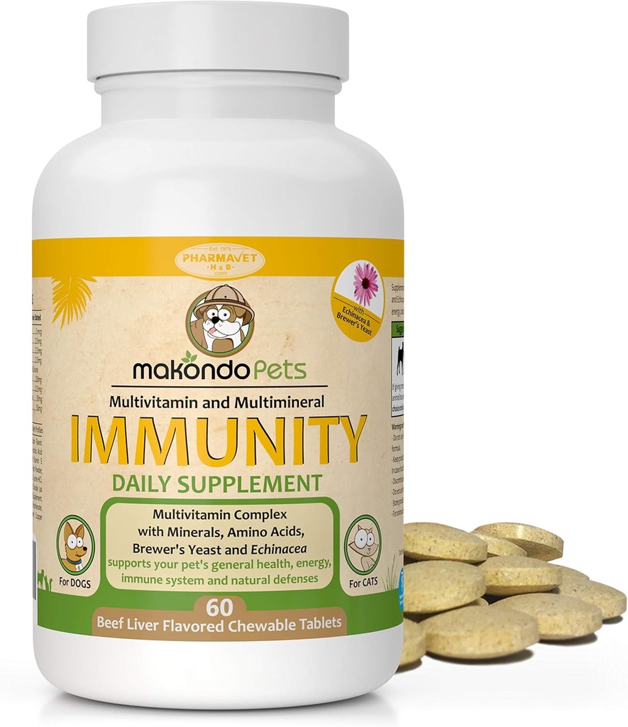 Immune Support Dog Supplement - Allergy and Itch Relief with Vitamins B Complex, Calcium, Iron. Mineral, Brewers Yeast for Allergies - Immunity Dog Vitamins. (Bacon Flavor, 60 Tabs)