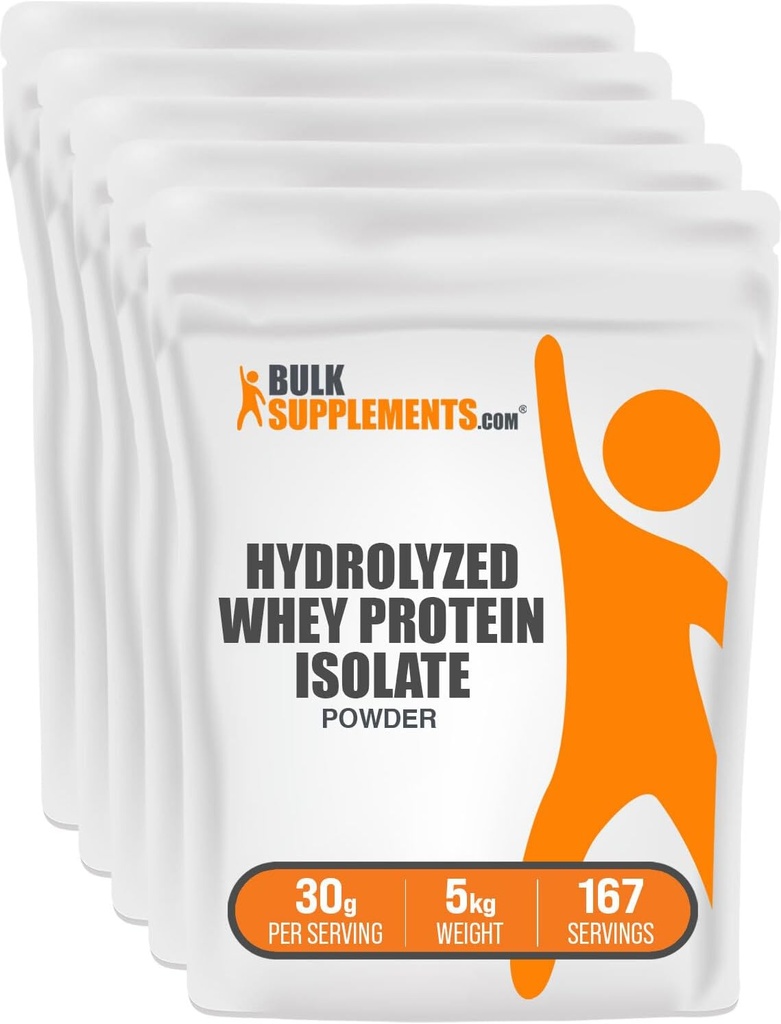 BulkSupplements.com Poudre d'isolat de lactosérum hydrolysé - Protéine d'isolat de lactosérum transparent - Sans aromatisé et sans gluten, 30g par portion, 1kg (paquet de 5) (11 lb)