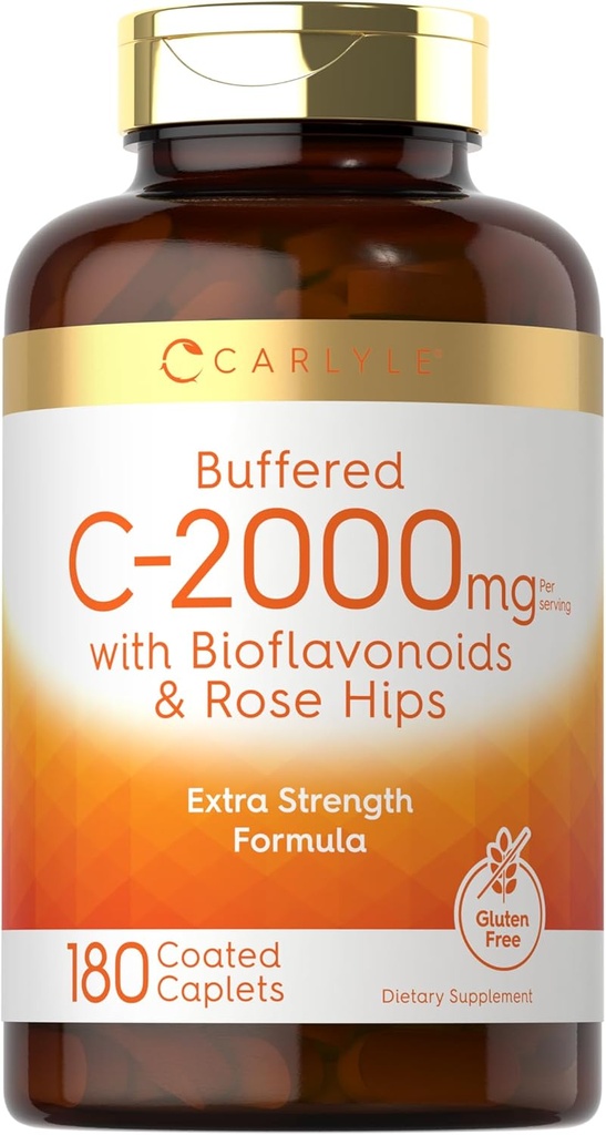Carlyle Buffered Vitamine C= 2000mg=180 Caplets avec bioflavonoïdes et HIPS= Rose Supplément végétarien, sans OGM et sans gluten