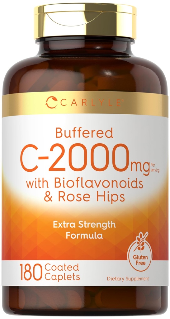 Carlyle Buffered Vitamine C= 2000mg=180 Caplets avec bioflavonoïdes et HIPS= Rose Supplément végétarien, sans OGM et sans gluten