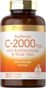 Carlyle Buffered Vitamine C= 2000mg=180 Caplets avec bioflavonoïdes et HIPS= Rose Supplément végétarien, sans OGM et sans gluten