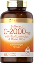 Carlyle Buffered Vitamine C= 2000mg=180 Caplets avec bioflavonoïdes et HIPS= Rose Supplément végétarien, sans OGM et sans gluten