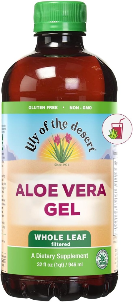 Lily Of The Desert Aloe Vera Gel, sans conservateur - Feuille entière filtrée épaississante Consistance Aloe Vera boisson avec des vitamines naturelles, enzymes digestives pour la santé Gut, bien-être, peau Glowing, 32 Fl Oz