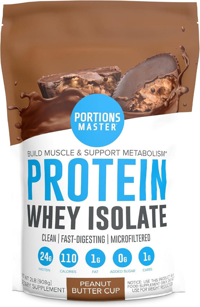 Portions Master CFM Whey Isolate Protein Powder, 2 LB, 23g Low Carb, Low Fat, Cold-Processed, Fast Absorbing, Muscle Growth & Recovery Support (Peanut Butter Cup)
