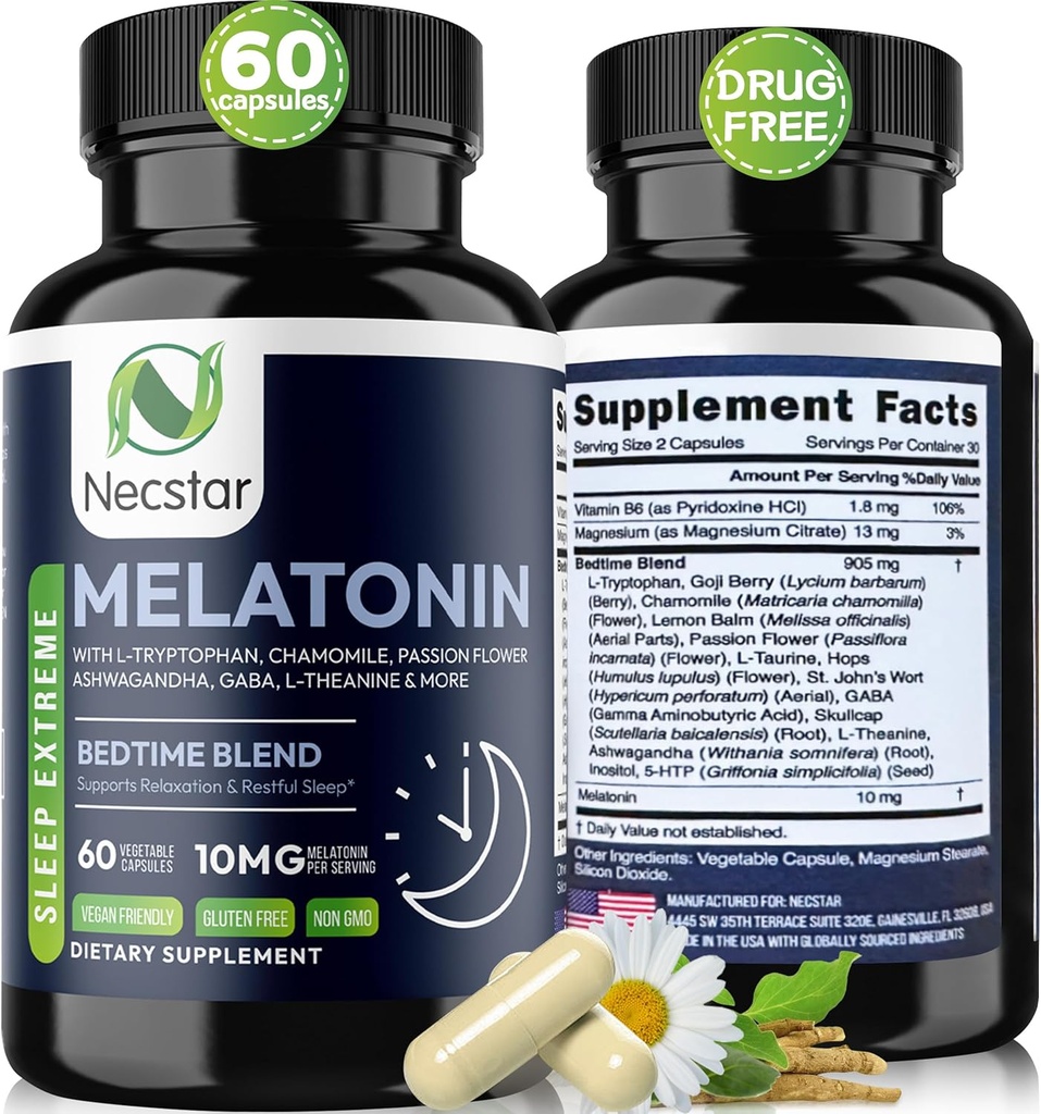 Necstar Melatonin 10mg, aide au sommeil pour les adultes, force supplémentaire avec Ashwagandha, Magnésium, L-Theanine, GABA, Lemon Balm et Camomile Supplément de soutien au sommeil, végétalien, non-OGM, sans gluten, 60 Capsules