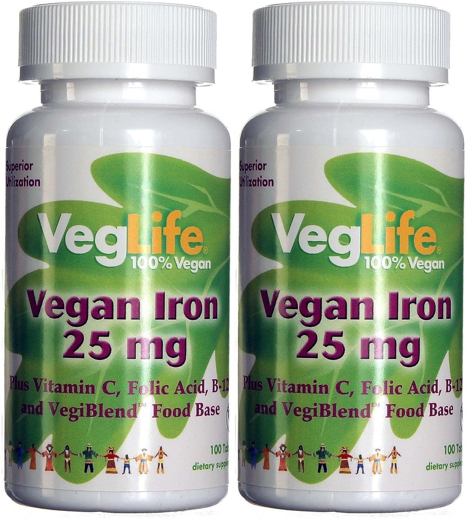 VegLife Fer végétalien 25 mg Plus Vitamine C, acide folique, B-12 et VegiBlend Base alimentaire.