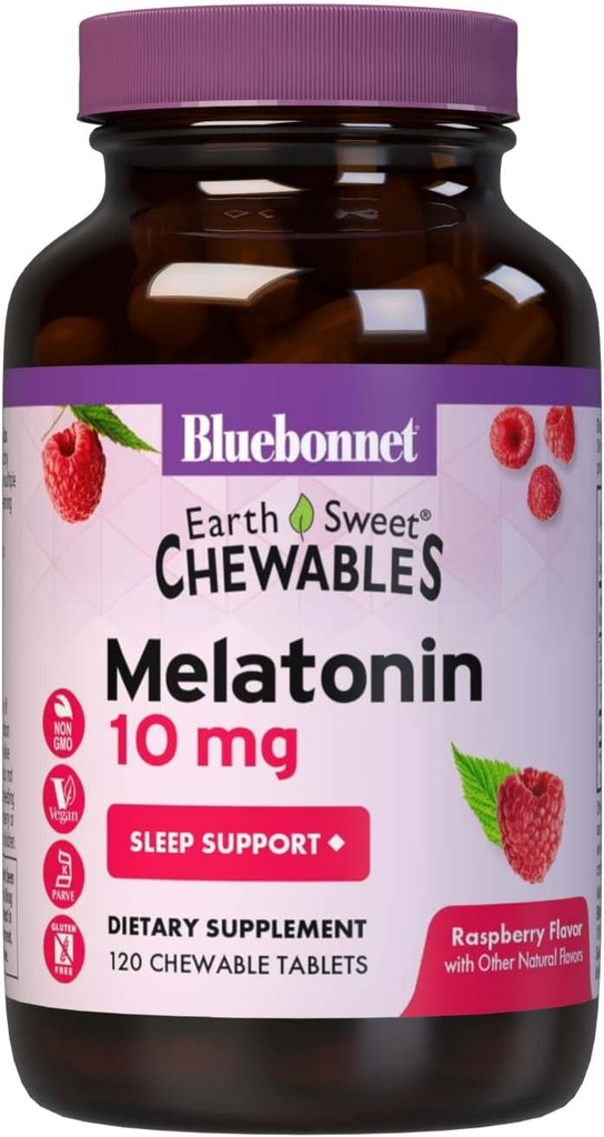 BlueBonnet Nutrition EarthSweet Melatonin 10 mg à action rapide Dissolve la nuit Relaxation et repos pour le sommeil - Aide au sommeil - Sans gluten, végétalien - Arôme framboise - 120 comprimés à croquer