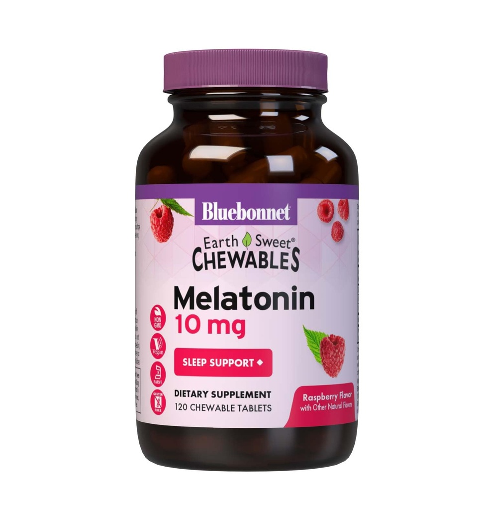 BlueBonnet Nutrition EarthSweet Melatonin 10 mg à action rapide Dissolve la nuit Relaxation et repos pour le sommeil - Aide au sommeil - Sans gluten, végétalien - Arôme framboise - 120 comprimés à croquer