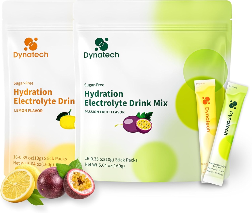 Dynatech Zero Sugar Electrolyte Drink Mix - Citron, Fruits de Passion - Packets en poudre d'hydratation avec 10 électrolytes et vitamines.
