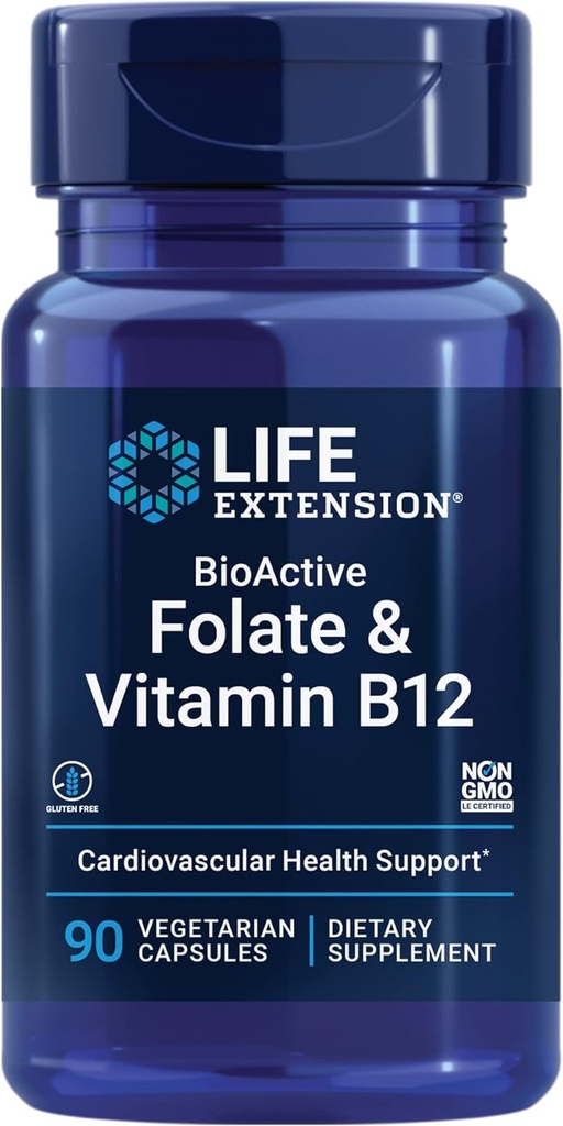 Prolongation de vie Folate BioActive et vitamine B12, favorise la santé du coeur, du cerveau et de l'IG, non-OGM, sans gluten, végétarien, 90 capsules