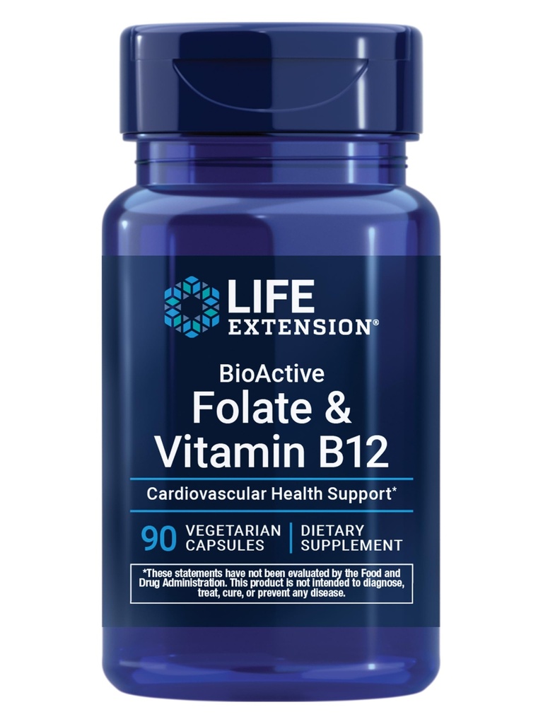 Prolongation de vie Folate BioActive et vitamine B12, favorise la santé du coeur, du cerveau et de l'IG, non-OGM, sans gluten, végétarien, 90 capsules