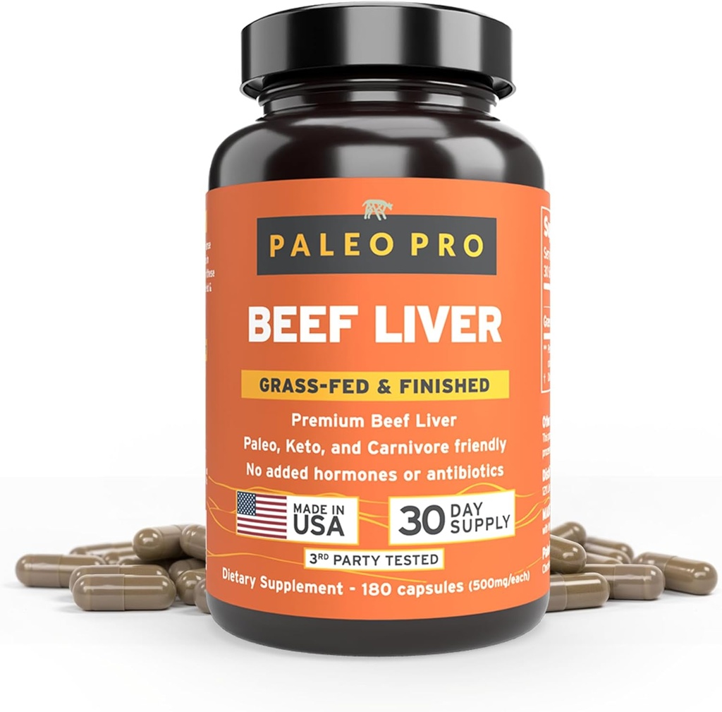 Paleo Pro Liver Gold Premium Beef Organs Capsules, Foie de boeuf premium de vaches herbeuses et pasteurisées en Nouvelle-Zélande, Supplément alimentaire, Pas de gluten ou de soja, 180 Capsules