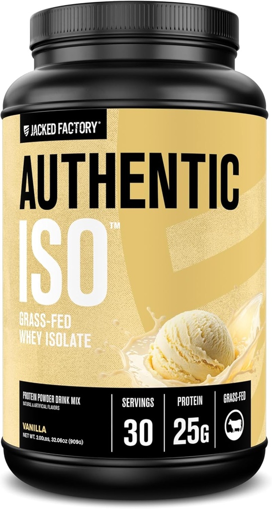 Jacked Factory Authentic ISO Whey Protein Isolate Powder - Low Carb, Non-GMO Muscle Building Protein w/No Fillers, Post Workout Recovery - 30 Servings, Vanilla