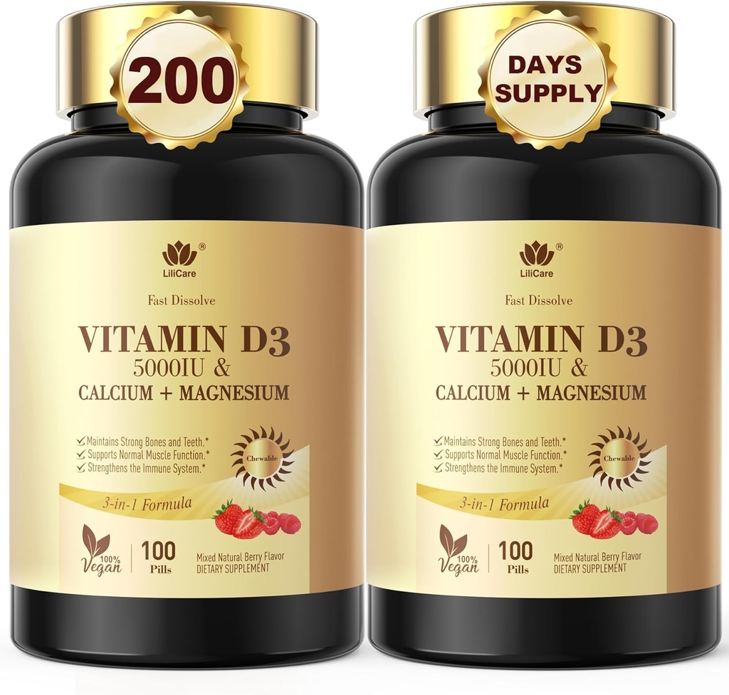 Dissoudre rapidement la vitamine D3 5000UI avec du calcium et du magnésium - pour un supplément sans sucre d'absorption d'éléments nutritifs rapide pour les os, la force, les dents, le muscle, la santé immunitaire, 200 comprimés à fusion rapide