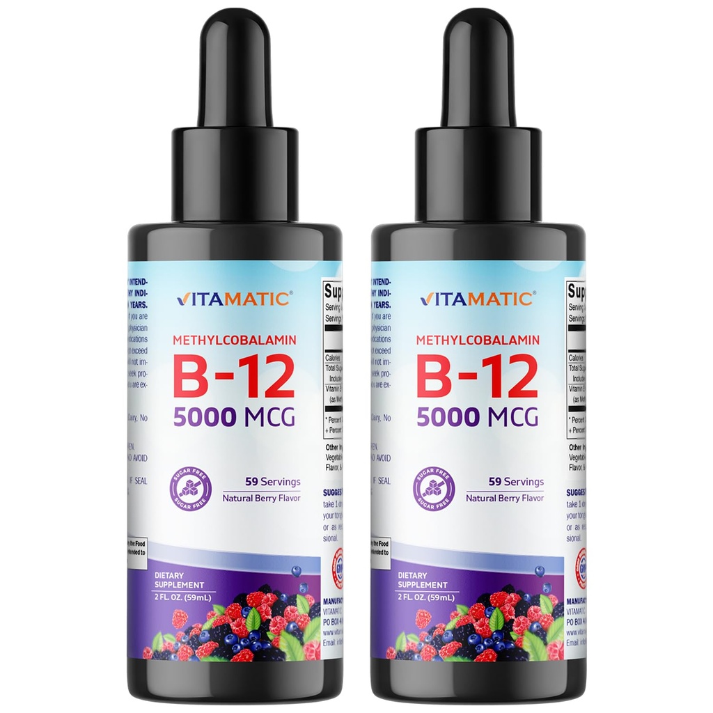 Vitamatic 2 Packs Vitamine liquide à action rapide B12 5000 mcg (méthylcobalamine) - Saveur de baie naturelle - Supplément sublingual - Absorption plus rapide - 2 OZ