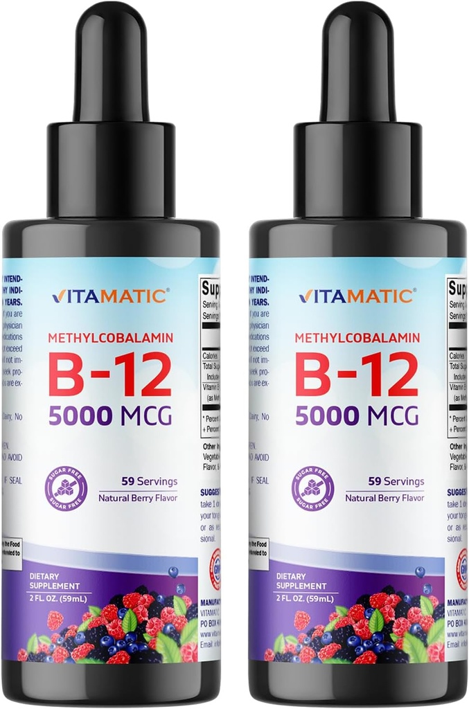 Vitamatic 2 Packs Vitamine liquide à action rapide B12 5000 mcg (méthylcobalamine) - Saveur de baie naturelle - Supplément sublingual - Absorption plus rapide - 2 OZ