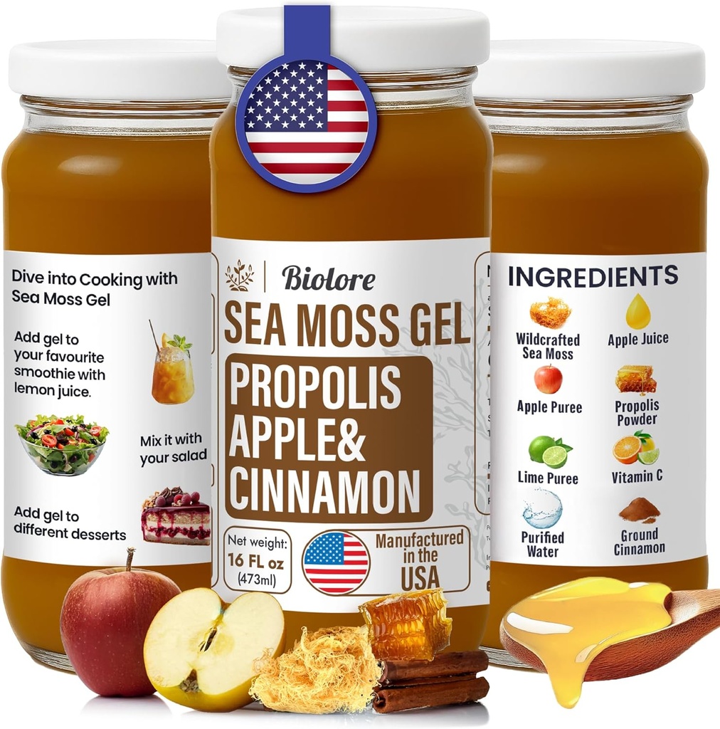 Biolore Gel de mousse de mer sauvage avec propolis - Pommes et cannelle 16 oz - Gel de mousse de mer aromatisé avec vitamines essentielles et minéraux traces - Superfood végétalien - Fabriqué aux États-Unis, sans gluten, sans sucre ajouté