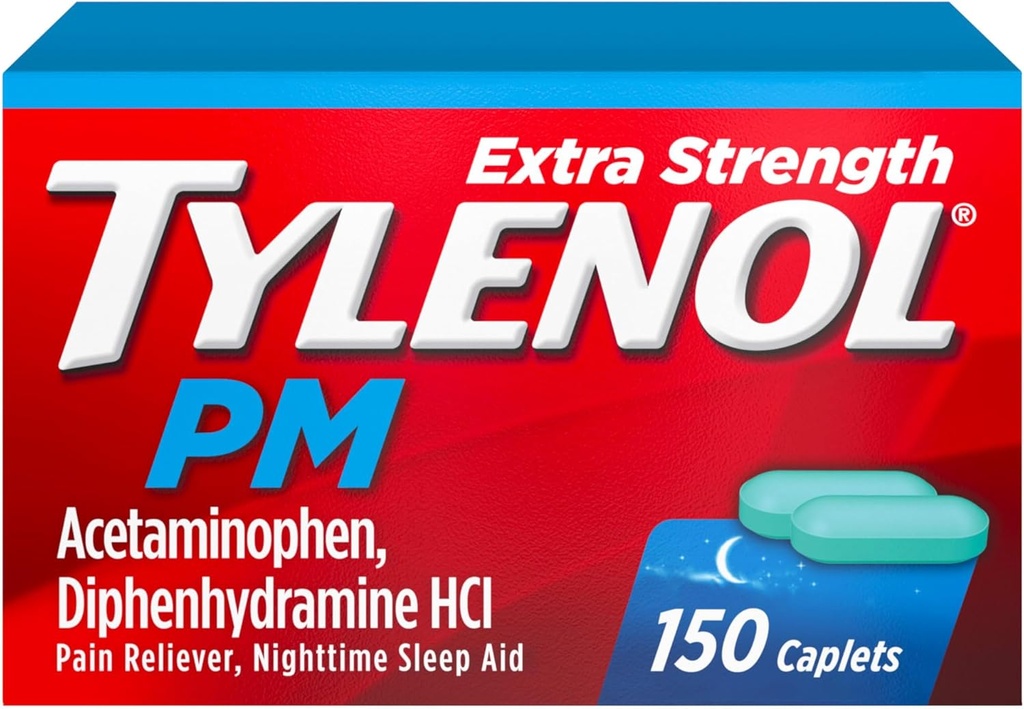Tylenol PM Extra Strength Nighttime Pain Relievers & Sleep Aid Caplets, 500 mg d'acétaminophène et 25 mg de HCl diphenhydramine, soulagement des douleurs et des douleurs nocturnes, formation non-habitante, 150 ct