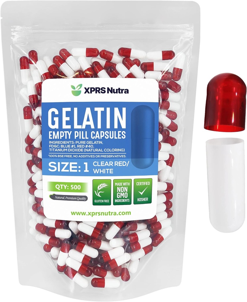XPRS Nutra Taille 1 Capsules vides - 500 Compte Capsules de gélatine vides - Remplissage de la gélule de bricolage - Capsules de gel de pilules pures pour les suppléments Do-It-Youlf (rouge clair/blanc)