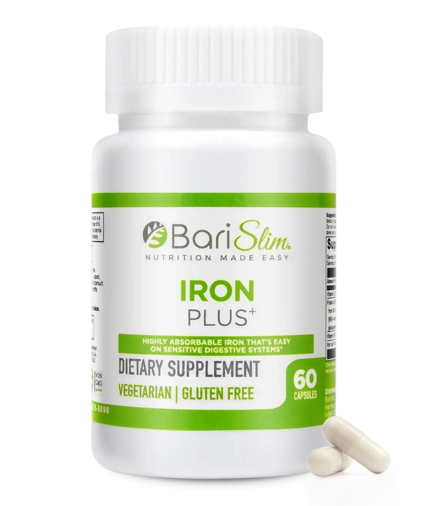 Capsules BariSlim Iron Plus - Formulées pour les patients après une chirurgie de perte de poids incluant un pont gastrique et une manche gastrique – Digestion facile et un soutien sanitaire complet