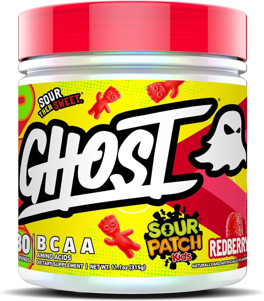 Supplément d'acides aminés en poudre de la BCAA GHOST, Patch Sour enfants Redberry - 30 portions - Sans sucre intra, post et pré-entraînement Amino poudre et boisson de récupération, 7G BCAA