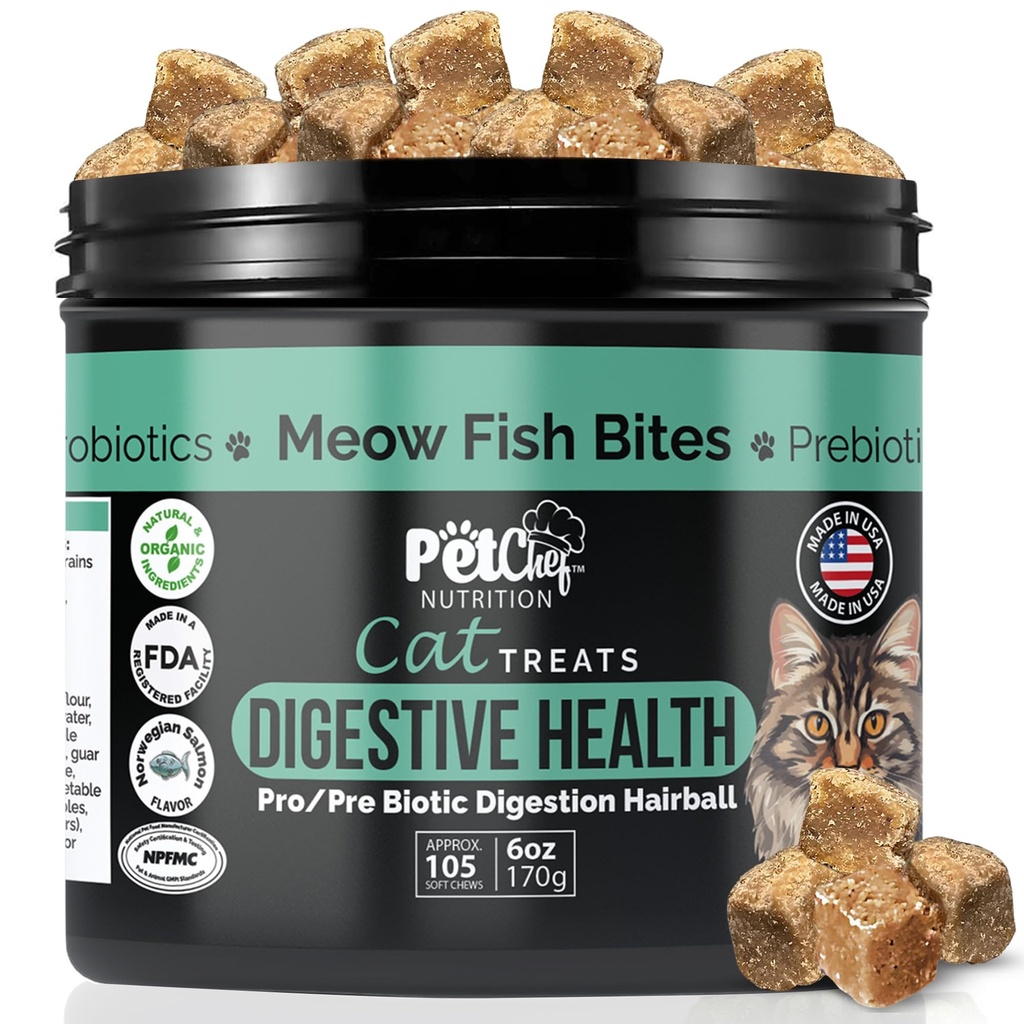 Pet Chef Meow Bites: Premium Pro & Prebiotic Digestion Cat Treats - Améliorer la digestion - Mieux tan Fortiflora Probiotiques pour les chats - Arrêts Chat Vomissements Tous les âges