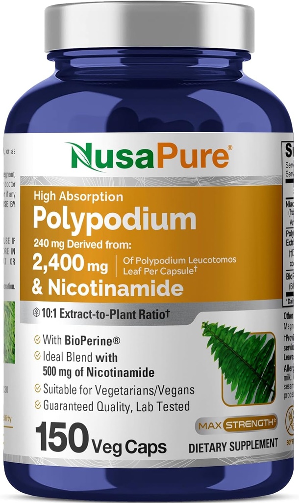 NusaPure Polypodium Nicotinamide 10:1 Extrait, 240 mg Équivalent à 2 400 mg par Veg Caps - 150 Compte (non-OGM, sans soja, biopérine)