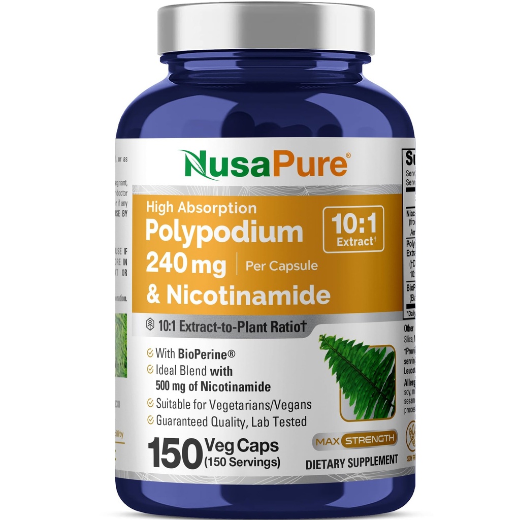 NusaPure Polypodium Nicotinamide 10:1 Extrait, 240 mg Équivalent à 2 400 mg par Veg Caps - 150 Compte (non-OGM, sans soja, biopérine)